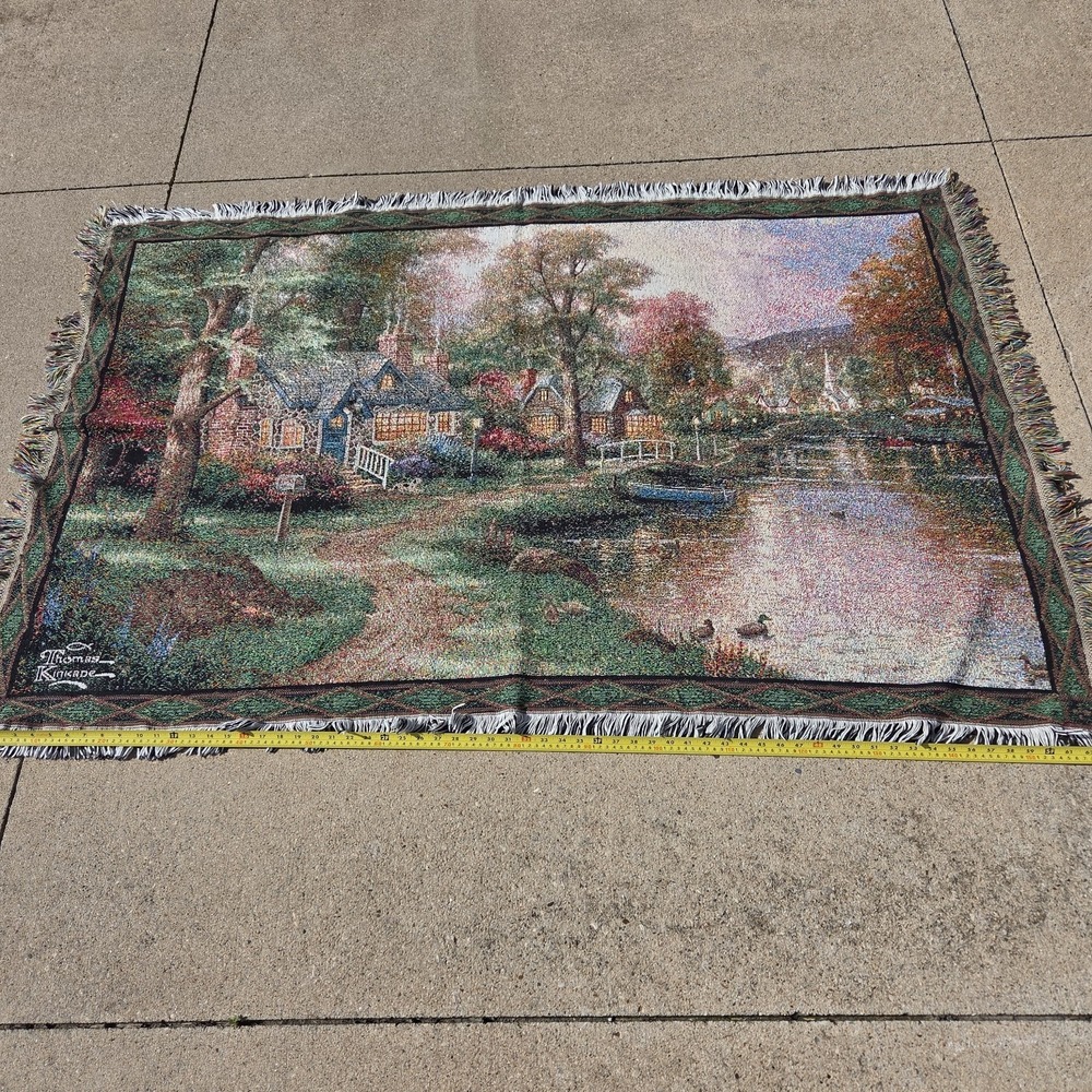 Vintage THOMAS KINKADE PAINTER OF LIGHT "Hometown Lake" AFGHAN TAPESTRY THROW